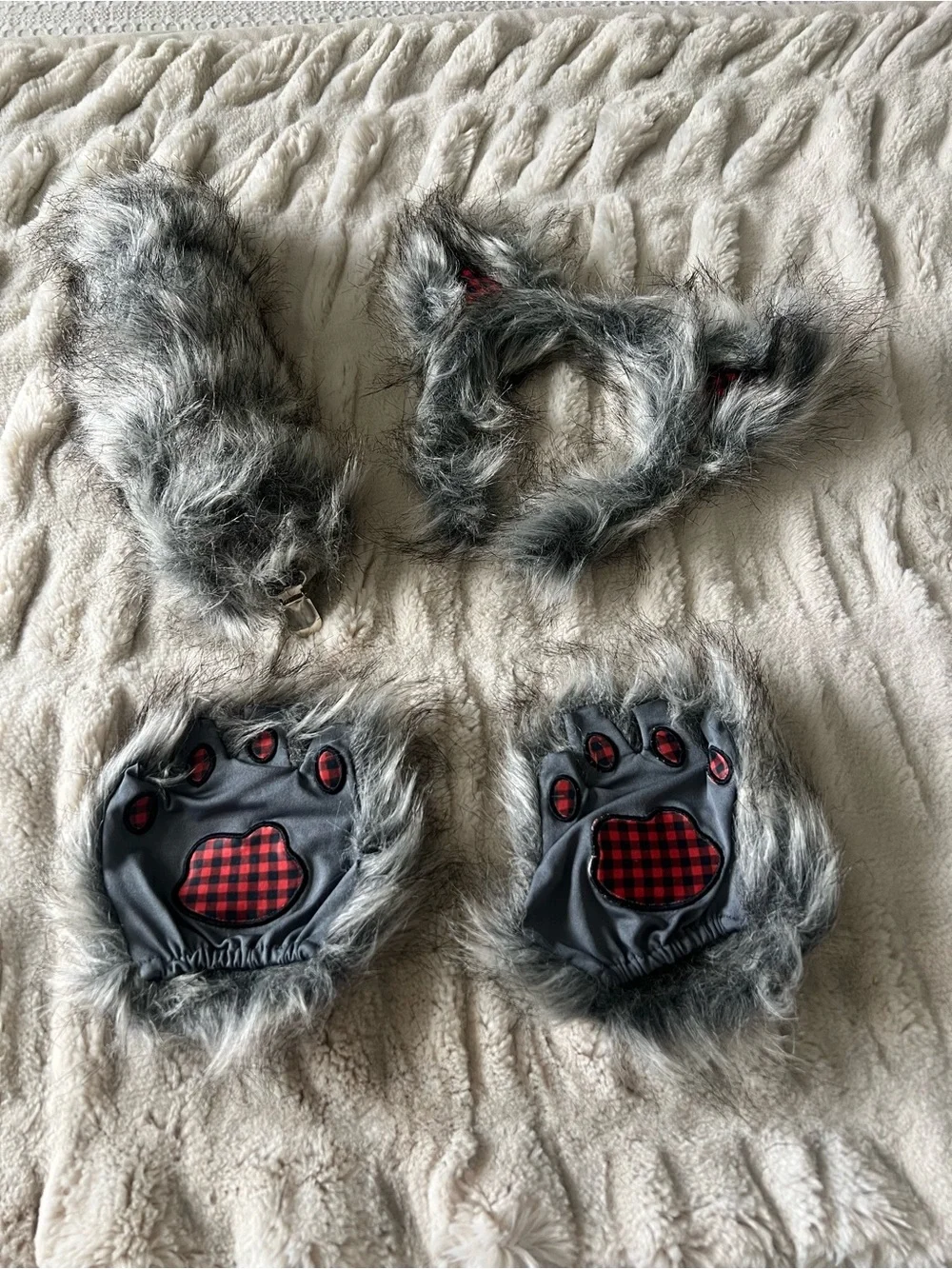 UNisex Faux Fur Wolf Paw Costume Set in Gray with Red Plaid